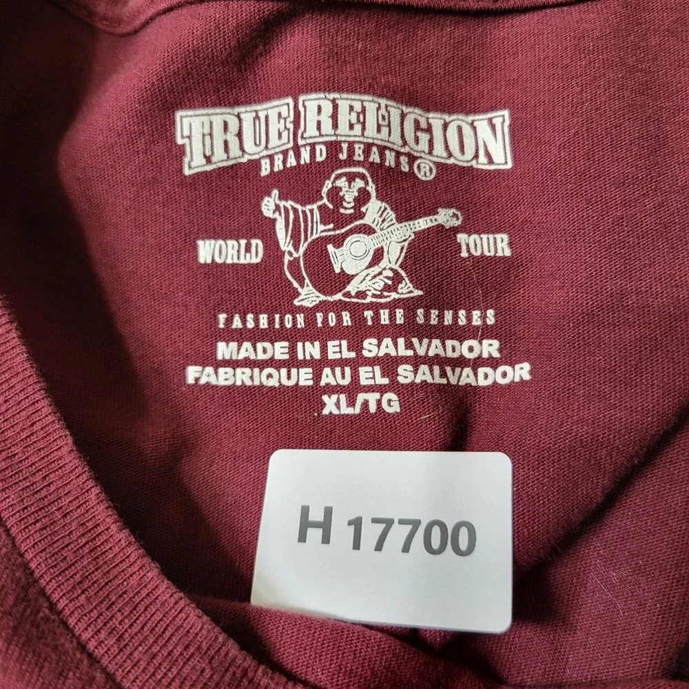 True Religion Men Shirt XL Burgundy Buddha Guitar Logo Graphic Print Short